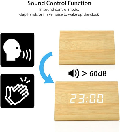 OCT17 Wooden Wood Clock, New Version LED Alarm Digital Desk Clock Adjustable Brightness, Alarm Time, Displays Time Date Temperature - Bamboo
