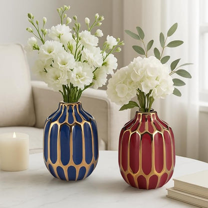 Elegant Ceramic Vase for Living Room Decor and Home Decor Accent - Modern Decorative Flower Vase for Room, Bedroom, or Office Desk - Designed for House and Table Decor - Set of 2, 5", Blue & Red