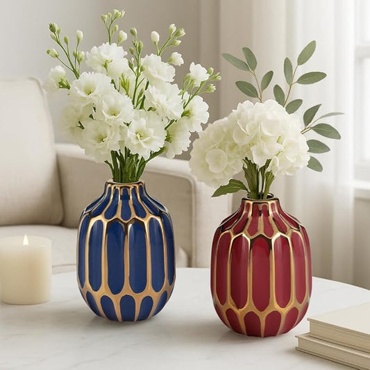Elegant Ceramic Vase for Living Room Decor and Home Decor Accent - Modern Decorative Flower Vase for Room, Bedroom, or Office Desk - Designed for House and Table Decor - Set of 2, 5", Blue & Red