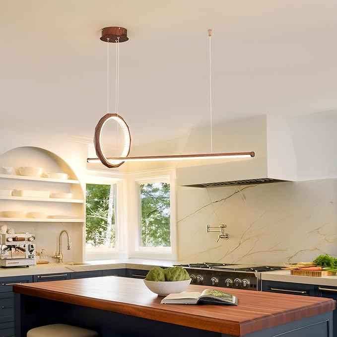 HEYAN 43" Farmhouse Pendant Light in Walnut Wood Finish, Light Fixtures Over Table，Single Multi-Faceted Metal Ring Long Linear Kitchen Island Lighting for Dining Room Table Coffee Bar Counter
