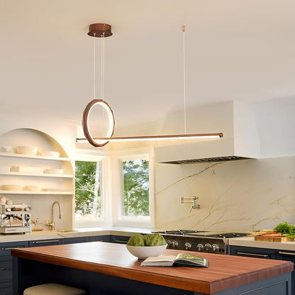 HEYAN 43" Farmhouse Pendant Light in Walnut Wood Finish, Light Fixtures Over Table，Single Multi-Faceted Metal Ring Long Linear Kitchen Island Lighting for Dining Room Table Coffee Bar Counter