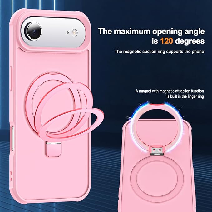 Compatible with iPhone 17 Air Case with Invisible Magnetic O-Ring Stand Military-Grade Translucent Phone Case for iPhone 17 Air 6.5" [Compatible with Mag-Safe][Great Grip Feeling], Pink