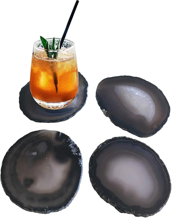 AMOYSTONE Natural Black Agate Coasters Set of 4, 3-4 Inch Stone Coasters, Protective Mat for Table, Thoughtful Retirement Gift for Men, Business Desk