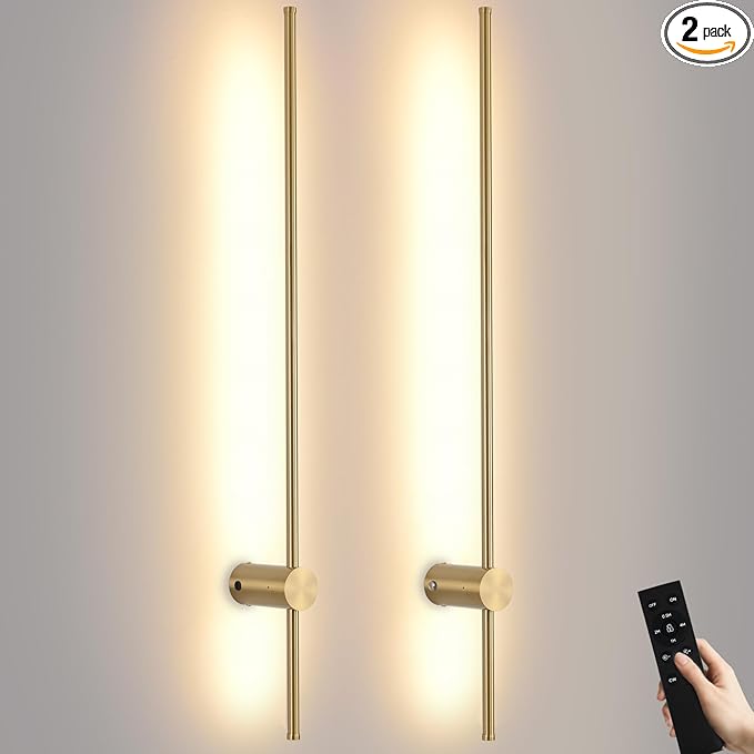 Battery Operated Wall Sconce USB Rechargeable Sconces, 39.3" Brushed Gold Wireless Wall lamp Set of 2, 3000K-6000K & Dimming with Remote Control, LED Wall Lights for Living Room, Bedroom