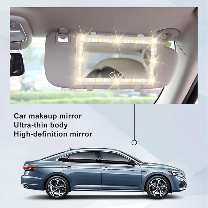 LED Car Sun Visor Vanity Mirror, Dimmable Rechargeable Vehicle Touch Screen Cosmetic Mirror with 3 Light Modes & 60LEDs, Auto Interior Rear View Makeup Accessories, Universal Fit (White)