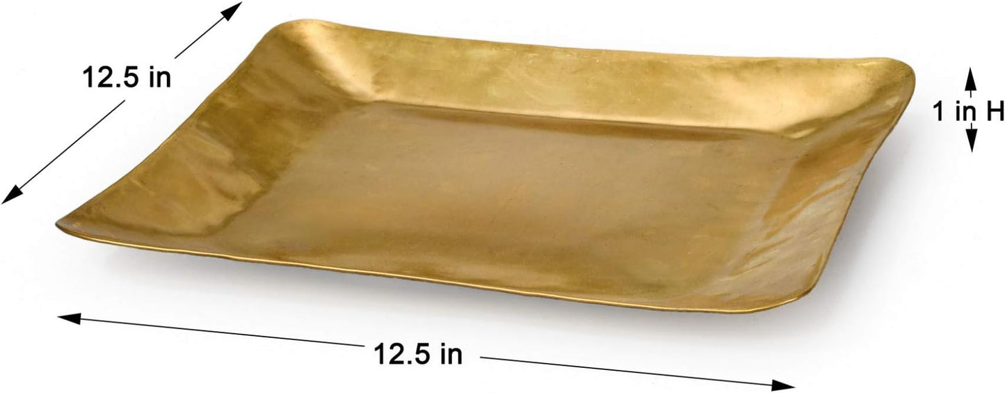 Serene Spaces Living Antique Square Raw Brass Tray, Hammered Decorative Metal Tray Use as Holder for Accessories, Candles, Jewelry, Centerpiece for Kitchen or Dining Table, 12.5" Square & 1" Tall
