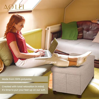 30 Inches Storage Ottoman Bench, Storage Bench with Wooden Legs for Living Room Ottoman Foot Rest Removeable Lid for Bedroom End of Bed, Linen Fabric, Folding Beige Ottoman
