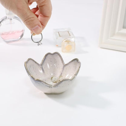 Flower Ring Dish Holder,Jewelry Dish Tray,Small Trinket Tray,Jewelry Plate Bowl,Key Bowl,Decorative Plate,Birtdhay Christmas Gifts for Women Friends,Ceramic Kiln effect Grey