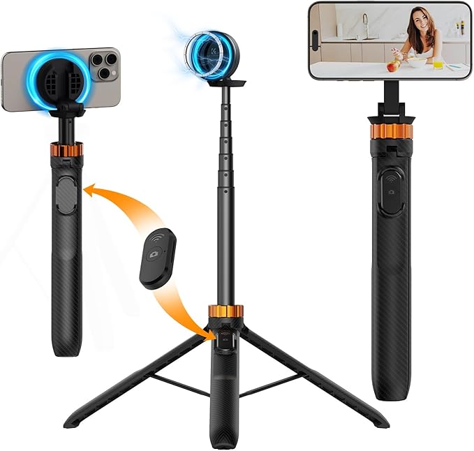 K&F Concept 63'' Magnetic Selfie Stick Tripod, Lightweight Cellphone Stand with Wireless Remote, Compatible with iPhone 17 Pro Max/16/15/14/13/12 Series and All Phones