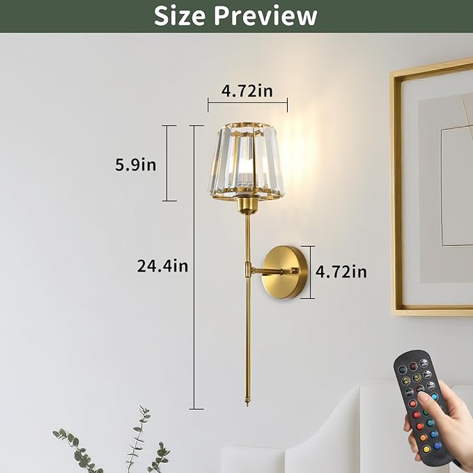 Battery Operated Crystal Wall Sconce Set of 2, Brushed Gold Wireless Wall Light with Remote Control, LED Dimmable 15 Colors USB Rechargeable Light Bulbs Wall Lamp for Bedroom Living Room Hallway