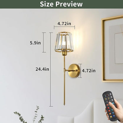 Battery Operated Crystal Wall Sconce Set of 2, Brushed Gold Wireless Wall Light with Remote Control, LED Dimmable 15 Colors USB Rechargeable Light Bulbs Wall Lamp for Bedroom Living Room Hallway