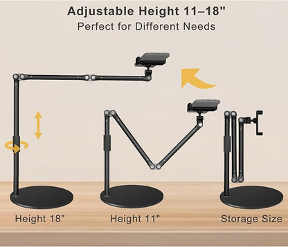 Heavy Duty Overhead Phone Mount for Desk, 17 in Long Arm iPhone Holder, 360° Swivel Stand for Video Recording, Filming, Live Streaming, Cooking, Painting, Crafting