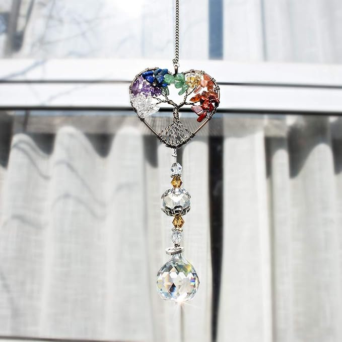 H&D HYALINE & DORA Suncatcher Window Hanging Tree of Life Heart Shaped Crystal Ball Prism Drop Pendant