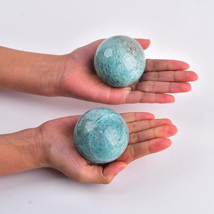 JIC Gem Natural Amazonite Crystal Sphere with Wood Stand Gemstone Sphere, Polished Healing Energy Mineral Gemstone Balls for Reiki Chakra Decoration Fengshui (2-3inch)