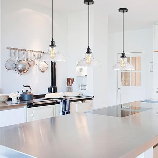 3 Packs Industrial Pendant Lights, Vintage Hanging Light Over Table, Clear Dome Glass Lampshade, Black Lamp Head and Base, Adjustable Hanging Height Lighting Fixtures
