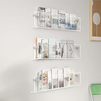 2 Pack - Acrylic Wall Magazine Rack，Clear Brochure Holder Wall Mount,record Holder Wall,Hanging Bookshelf Literature Storage Rack,floating Bookshelves for Offcie Home (47.2in)