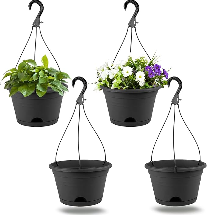 4 Pack Hanging Planters, 10 Inch Hanging Plant Pot with Hanger Chain & Drainage Trays, Hanging Baskets for Plants Outdoor Indoor, Flowers Pots for Home, Garden, Porch Decor (Black)