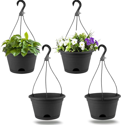 4 Pack Hanging Planters, 10 Inch Hanging Plant Pot with Hanger Chain & Drainage Trays, Hanging Baskets for Plants Outdoor Indoor, Flowers Pots for Home, Garden, Porch Decor (Black)