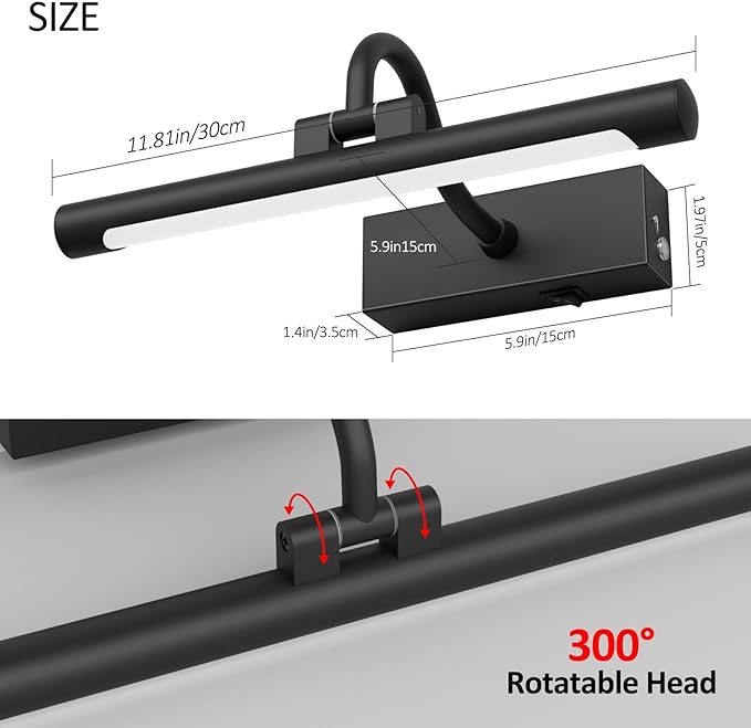 Aipsun 11.8" Picture Lights for Wall Rechargeable,10000mAh Battery Operated Art Light for Paintings,3CCT Dimmable, Rotatable Gallery Light for Pictures Display(Black)