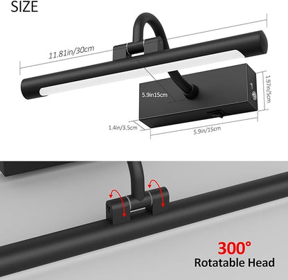 Aipsun 11.8" Picture Lights for Wall Rechargeable,10000mAh Battery Operated Art Light for Paintings,3CCT Dimmable, Rotatable Gallery Light for Pictures Display(Black)