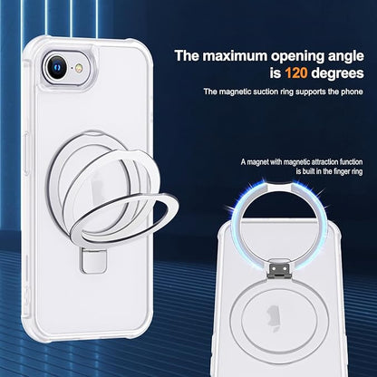 Compatible with iPhone 16E Case with Invisible Magnetic O-Ring Stand Military-Grade Phone Case for iPhone 16E 6.1" 2025 [Compatible with Mag-Safe][Great Grip Feeling],Translucent