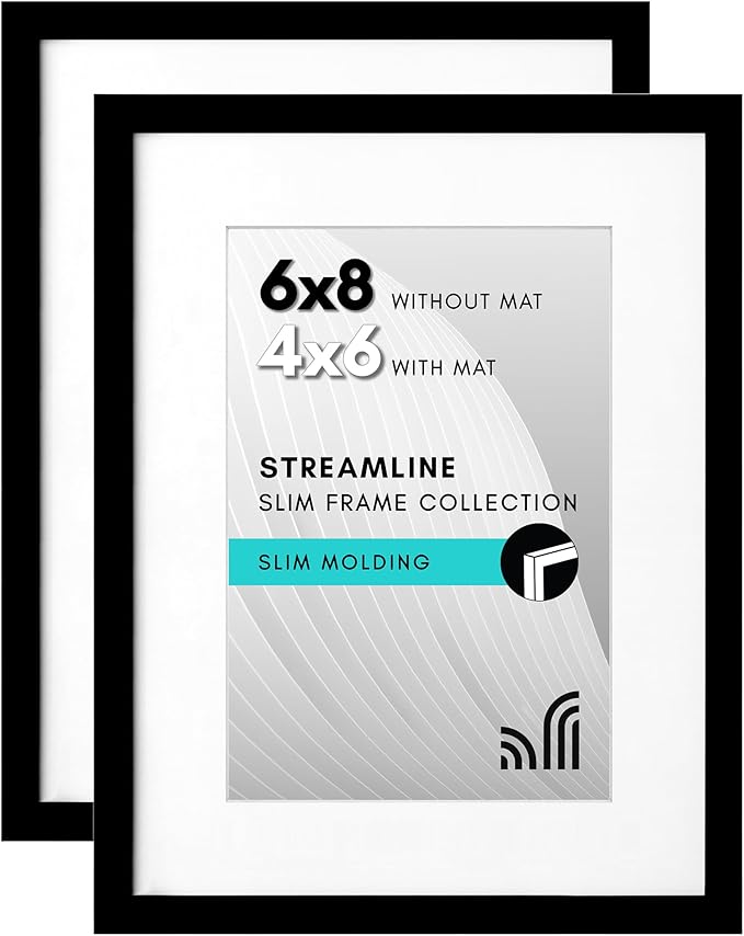 Americanflat 6x8 Picture Frame with Shatter-Resistant Glass - Set of 2 - Use as 4x6 Frame with Mat or Display 6x8 Photo Without Mat - Streamline Collection - Tabletop or Wall Display - Black