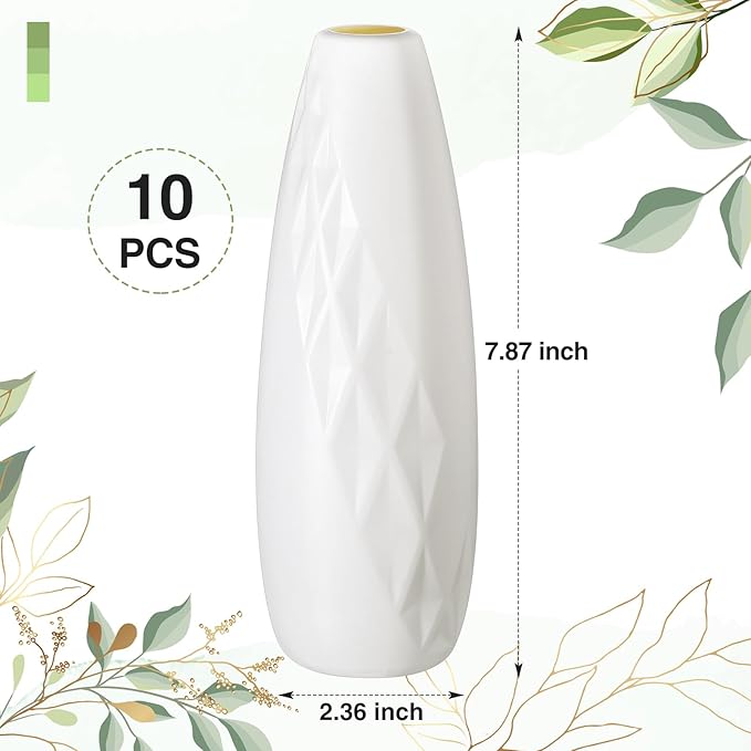 10 Pack Composite Plastic Flower Vases Bulk White Small Tall Conic Floral Vases for Centerpieces Unbreakable Bud Vase for Wedding Party Living Room Decor (Elegant)