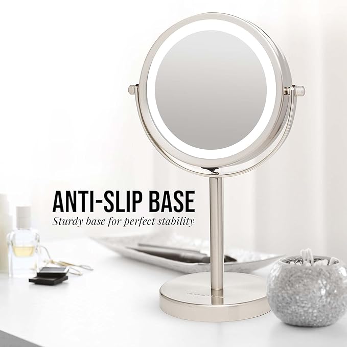 OVENTE 6" Lighted Makeup Mirror with 1X/7X Magnification, Cordless Tabletop Mount Vanity Round Mirror with 360° Swivel Design and Double Sided Cool Tone LED Ring Light, Nickel Brushed MLT60BR1X7X