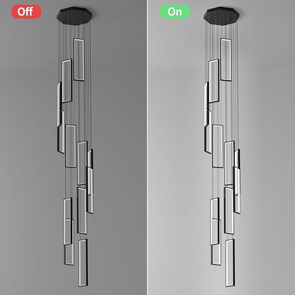 Modern Adjustable Height Pendant Light Fixture Black 252W LED Pendant Lights 12 Rings Rectangular Chandelier Staircase Large Chandelier Lobby Living Room Foyer High Ceiling Chandeliers