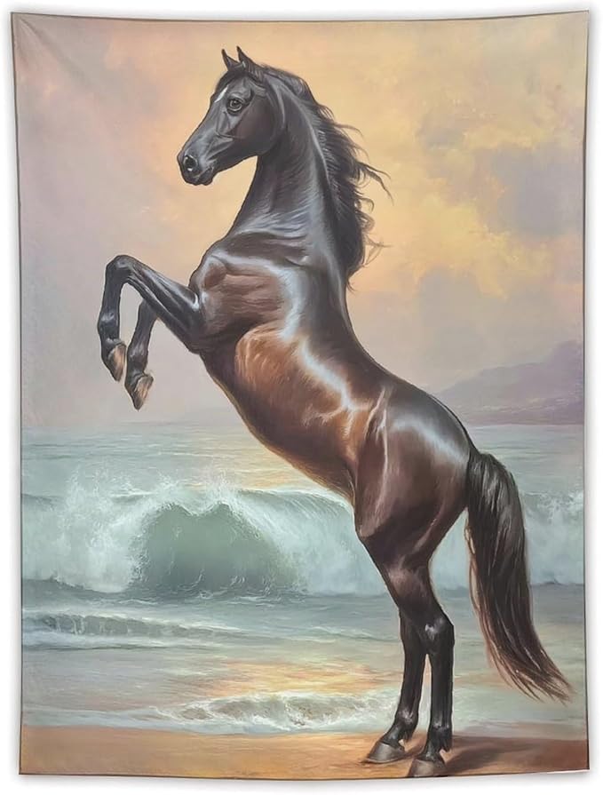 JYOUQOC Horse Animal Stands On The Beach Tapestry Flag Backdrop Wall Hanging Large Wall Art Decor for Dorm Office Bedroom Living Room 60"×80"