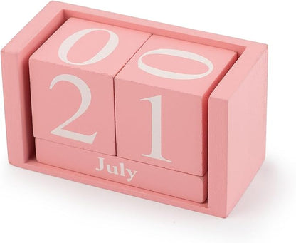 AUEAR, Wooden Block Perpetual Desk Calendar Desktop Cube Rustic Chic Number for Home Office Decoration (Pink, 1 Pack)