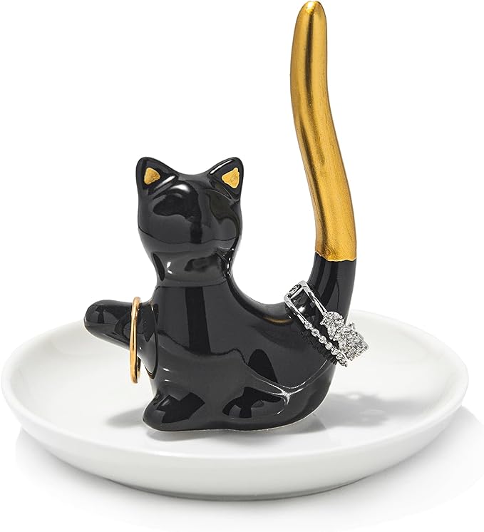 Cat Ring Holder Ceramic Jewelry Dish - Trinket Tray for Earrings and Organizer - Funny Themed Gifts for Cat Mom, Lovers, Birthday Gifts for Women