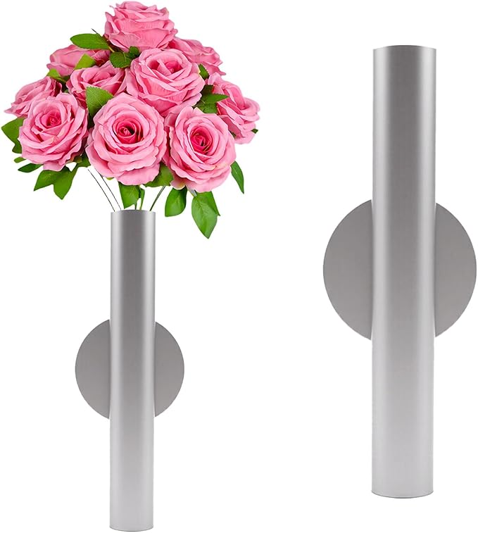 Adhesive Metal Wall Vase Holder - Decorative Tube for Dried/Faux Floral Display, Rust-Resistant Home & Office, Dining Room Also Suitable for Cemetery Memorial Display Decor (1 Pcs Silvery)