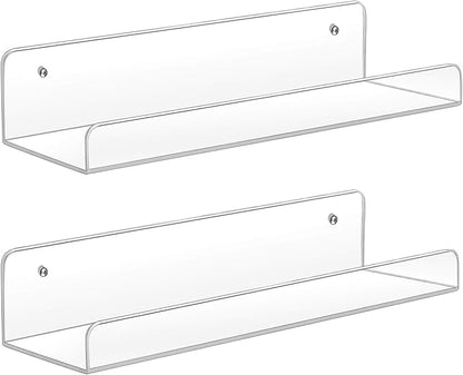 Sooyee Acrylic Shelves,2 Pack 15 Inch Floating Wall Shelves, Funko Pop Display Shelf,Invisible Kids Book Shelf,Picture Ledge Shelf Decor, Bathroom Wall Shelves,Clear