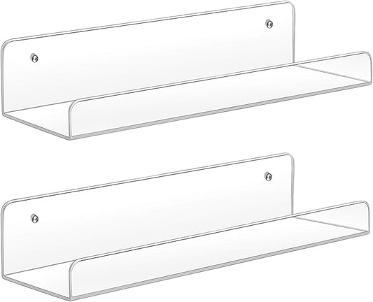Sooyee Acrylic Shelves,2 Pack 15 Inch Floating Wall Shelves, Funko Pop Display Shelf,Invisible Kids Book Shelf,Picture Ledge Shelf Decor, Bathroom Wall Shelves,Clear