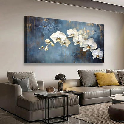 Abstract White Butterfly Orchid Canvas Wall Art for Living room Office Bedroom Flowers Wall Art Print Oil Paintings Modern Blue Gold Rain Mist Pictures Wall Decor Artwork Ready to Hang - 20in * 40inch