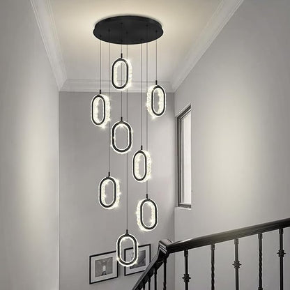 Black 8 Rings Crystal Chandelier for Foyer Stairwell High Ceiling Chandelier Dimmable Oval Crystal Ring Pendant Light