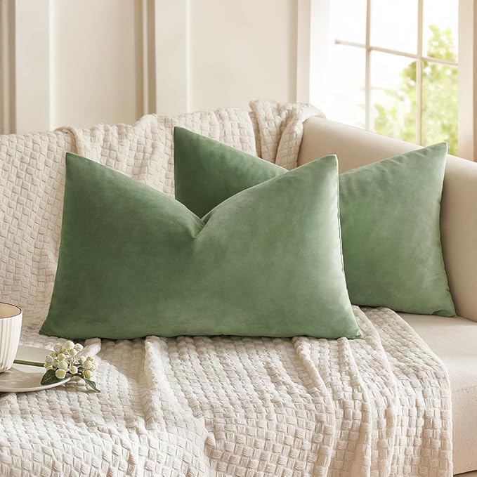 MIULEE Velvet Throw Pillow Covers 12x20 Inch, Pack of 2 - Sage Green, Soft Solid Lumbar Decorative Pillow Covers Modern Luxury Home Decor for Spring Couch Sofa Bedroom Livingroom