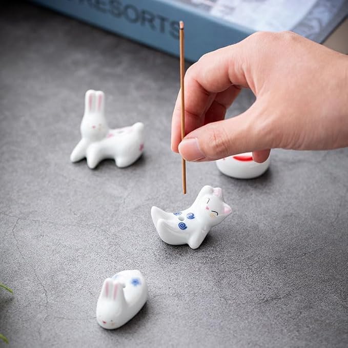 4Pcs Rabbit Cat Ceramic Incense Holder Cute White Animals Incense Sticker Holder Fun Home Decorative Ornaments for Home Room Decoration Yoga Spa Meditation Incense Holders