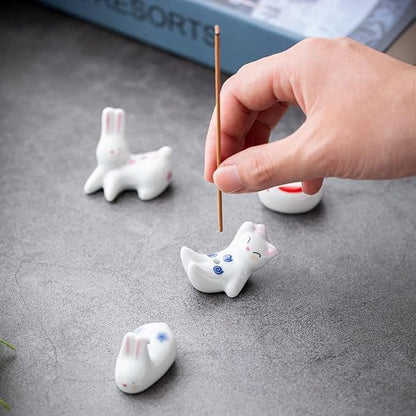 4Pcs Rabbit Cat Ceramic Incense Holder Cute White Animals Incense Sticker Holder Fun Home Decorative Ornaments for Home Room Decoration Yoga Spa Meditation Incense Holders
