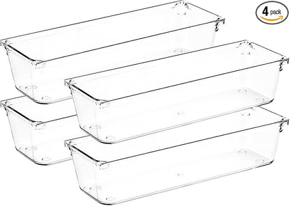 4 Pack Drawer Organizer - 3" X 9" Clear Acrylic Storage Bins with Non-Slip Pads, Versatile Desk Tray for Makeup, Jewelry, Kitchen, Bathroom, and Office Organization