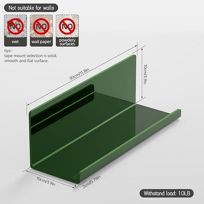 PAVSTINE Adhesive Floating Shelves for Wall No Drilling, 12 Inch Acrylic Self Adhesive Shelves, Stick on Shelves, Dorm Wall Shelf, for Bathroom, Kitchen, Bedroom, Office, Gaming Room, Green