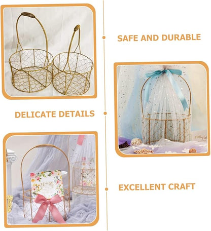 Round Wire Basket with Handle Decorative Storage Basket for Wedding Flower Girl Fruits Crafts Versatile Home Organizer for and Decor