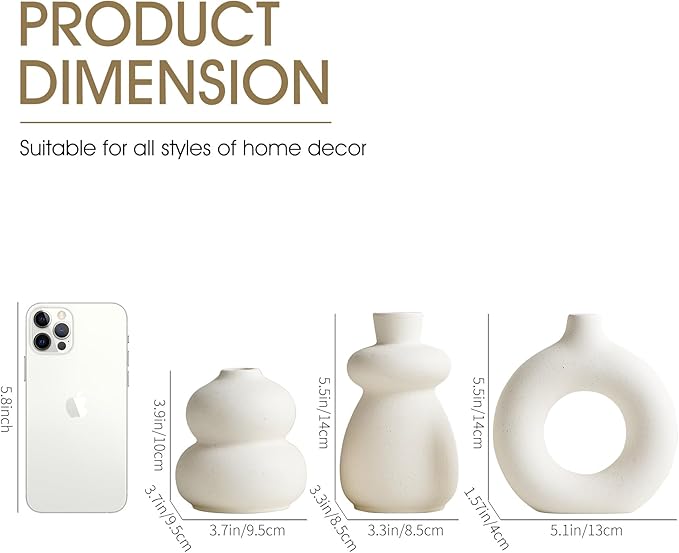 White Ceramic Vase Set of 3 Small Flower Vases for Home Decor, Modern BohoVase for Pampas Grass, Round Decorative Vases Table Centerpieces for Wedding Living Room Shelf Coffee Table (White Vase - A)
