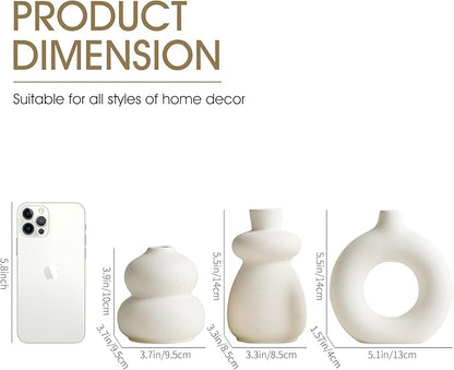 White Ceramic Vase Set of 3 Small Flower Vases for Home Decor, Modern BohoVase for Pampas Grass, Round Decorative Vases Table Centerpieces for Wedding Living Room Shelf Coffee Table (White Vase - A)