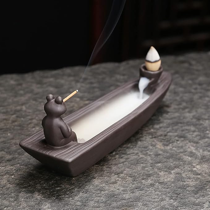ChangWanna Frog Incense Holder Waterfall - Ceramic Cone Backflow Incense Burner Smoke Fountain, Back Flowing Incense Diffuser with 45 Sticks & 12 Cones, Frog Ornament for Aromatherapy/Yoga/Home Decor