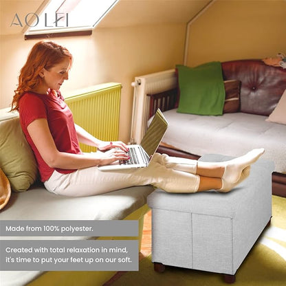 30 Inches Storage Ottoman Bench, Storage Bench with Wooden Legs for Living Room Folding Ottoman Foot Rest Removeable Lid for Bedroom End of Bed, Linen Fabric