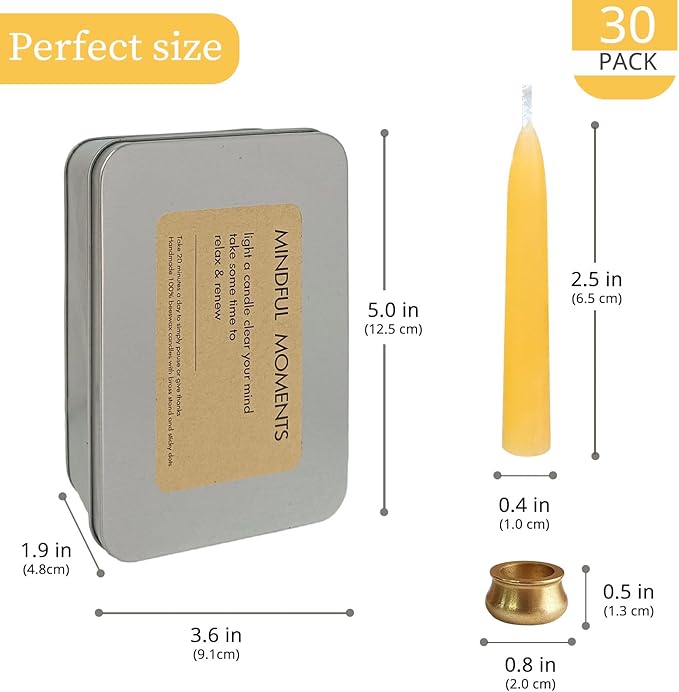 Meditation Beeswax Taper Candles Set, 20 Minute Pure Beeswax Mini Prayer Candles, 30 pcs Small Wishing Candle with Brass Candle Holders for Home Yoga