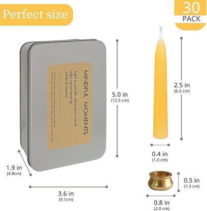Meditation Beeswax Taper Candles Set, 20 Minute Pure Beeswax Mini Prayer Candles, 30 pcs Small Wishing Candle with Brass Candle Holders for Home Yoga