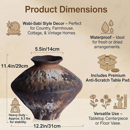 Wabi Sabi Rusty Vintage Vase, 11.4" Tall Wabi Sabi Decor Rustic Farmhouse Pottery Vase for Centerpiece, Textured Pottery Flower Vases for Home Decorative, Table, Living Room (Black Brown, Large)